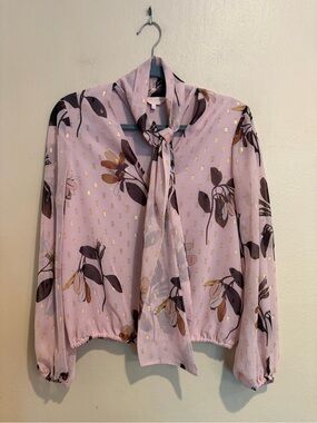 Ted Baker Lavender Floral Tie-Neck Blouse w/ Gold Accents, Elastic Band & Cuffs
